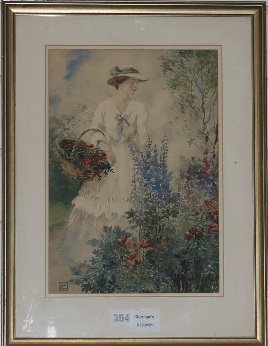 Percy Lancaster Lady picking flowers 33 x 22cm.